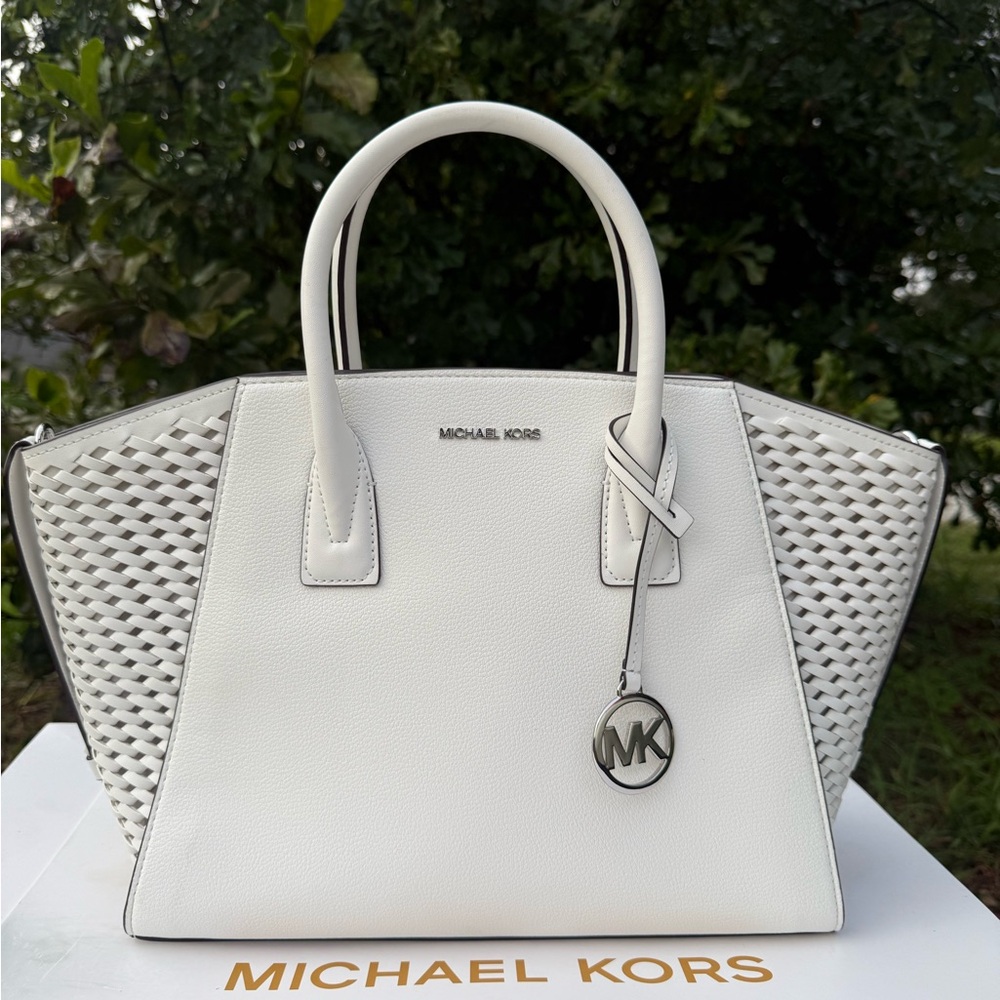 Michael Kors Avril Large Woven TZ Satchel Optic White